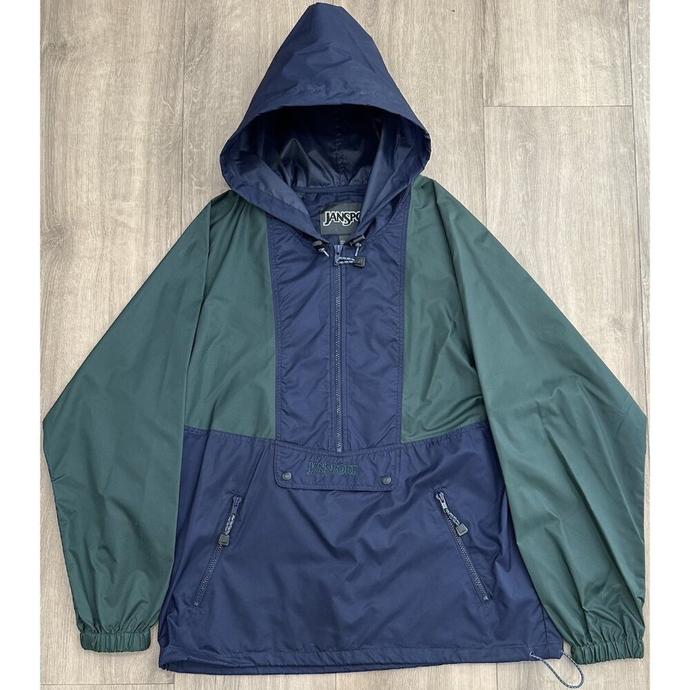 Vintage Jansport Hoodie Jacket Men’s Medium Blue & Green Anorak 90s With Pocket